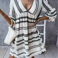 Vestido boho de verano con cuello en V, mangas de encaje y estampado geométrico - S / Vestidos / Negro