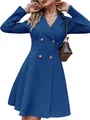 Detailed shot of an elegant blue long-sleeved double-breasted blazer dress for women. - S / Tops / Blue