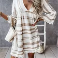 Vestido boho de verano con cuello en V, motivos geométricos y encaje en las mangas. - S / Vestidos / Albaricoque