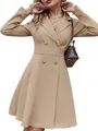 Elegant khaki double-breasted long sleeve coat dress for women in autumn and winter - S / Tops / Camel