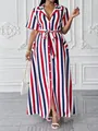 Close-up of the red, white, and blue vertical striped pattern and belt on the maxi dress. - 1XL / Dresses / Striped