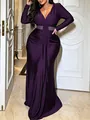 Elegant plus-size V-neck purple maxi dress with waist ruching and belt details. - 0XL / Dresses / Purple