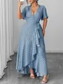 Plus size blue polka dot V-neck wrap maxi dress with ruffle hem detailing - 0XL / Dresses / Blue
