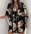 Robe chemise noire élégante pour femme avec imprimé feuilles fauves et taille coulissante - Noir