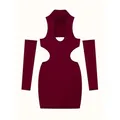 Sexy vestido ajustado burdeos con aberturas y conjunto de manguitos a juego para mujer - L / Conjunto de Vestido Con Mangas / Rojo