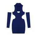 Vestido ajustado sexy azul oscuro con cuello halter, recortes y mangas a juego - S / Conjunto de Vestido Con Mangas / Azul