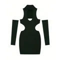 Elegante vestido mini ajustado verde oscuro con aberturas en la cintura y mangas - S / Conjunto de Vestido Con Mangas / Verde