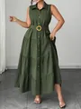 Elegante abito midi senza maniche verde oliva con un colletto polo e cintura in vita - 0XL / Vestiti / Verde militare