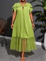 Detail view of a lime green plus size midi dress with mesh hem and knot neckline - 1XL / Dresses / Green