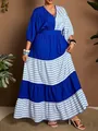 Detailed full-body shot showing the blue and white striped patchwork of this V-neck maxi dress - 0XL / Dresses / Blue