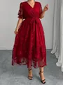 Elegantes rotes Midikleid aus Spitze mit V-Ausschnitt und Rüschenärmeln für Damen - 0XL / Kleider / Rot