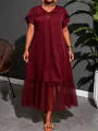 Elegant wine red midi dress with sheer mesh hem and keyhole knot neckline design - 3XL / Dresses / Burgundy