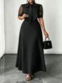 Close-up of mesh splicing sleeves and large bow tie neckline on black maxi dress - 3XL / Dresses / Black
