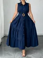Abito midi smanicato blu scuro con colletto polo, gonna a balze e cintura dorata. - 3XL / Vestiti / Blu scuro