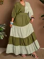 Full detail view of elegant plus size olive green color block striped tiered maxi dress - 0XL / Dresses / Olive