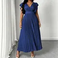 Elegante abito midi blu reale con scollo a V, maniche a volant e gonna a pieghe da donna - 0XL / Vestiti / Blu