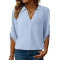 Elegante camisa azul claro con cuello de pico, mangas tres cuartos y tejido de crepé - S / Tops / Azul cielo