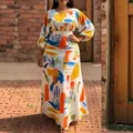 Vibrant women's plus size two-piece maxi skirt set with colorful abstract paint print - M / Top And Bottom / Multicolor