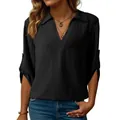 Elegante blusa negra de mujer con cuello en V, tejido texturizado y manga 3/4 - S / Tops / Negro