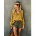 Mustard yellow V-neck ruffle blouse with long sleeves, chic casual western style outfit - Yellow