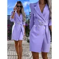 Elegant lavender purple blazer dress with puff sleeves and decorative belted waist fashion - S / Dresses / Purple