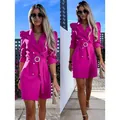 Elegant fuchsia puff sleeve blazer dress with rhinestone buckle belt for women - S / Dresses / Red