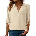 Elegante blusa beige con textura y cuello en V con mangas remangables y corte de moda mujer - S / Tops / Caqui