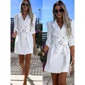Elegant white blazer dress featuring puff sleeves and a sparkling rhinestone belt buckle - S / Dresses / White