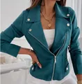 Veste de motard courte et ajustée en faux daim pour femme, couleur sarcelle et zippée - Bleu