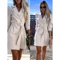 Elegant cream-colored double-breasted blazer dress with belted waist and puff sleeves - S / Dresses / Khaki