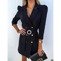 Elegant black blazer dress with puff sleeves and gold buttons variant - S / Dresses / Black