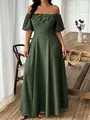 Detail view of a dark green off-the-shoulder maxi dress featuring elegant 3D flower appliqués - 0XL / Dresses / Green