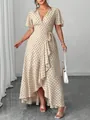 Elegant beige V-neck wrap midi dress with black polka dots and ruffle hem details - 3XL / Dresses / Apricot