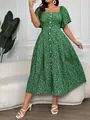 Vista detallada del vestido midi verde floral con escote cuadrado y mangas de volantes - 0XL / Vestidos / Verde