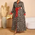 Elegant leopard print maxi dress with red belt and Polo collar for women - 1XL / Dresses / Leopard Print