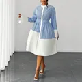 Elegant blue and white striped patchwork Polo collar dress with flared white cuffs - 0XL / Dresses / Blue