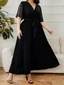 Elegant black V-neck pleated plus size dress with sheer polka dot mesh sleeves - 0XL / Dresses / Black