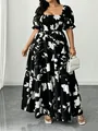 Elegante abito lungo taglie forti con scollo quadrato e stampa floreale in vita - 0XL / Vestiti / Nero Stampato