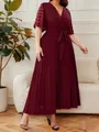 Detail shot of a burgundy V-neck pleated dress with mesh dot sleeves and waist tie - 0XL / Dresses / Red