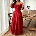 Elegant red off-the-shoulder maxi dress with 3D floral details and puff sleeves - 0XL / Dresses / Red
