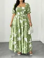Elegante abito midi floreale verde con scollo quadrato e maniche a sbuffo estivo - 0XL / Vestiti / Verde Floreale