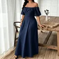 Elegant navy off-shoulder plus size maxi dress with 3D floral detail and puff sleeves - 0XL / Dresses / Dark Blue