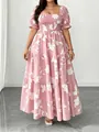 Elegante abito midi rosa a fiori con scollo quadrato e gonna a balze per l'estate - Stampa Rosa