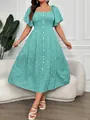 Elegante abito midi floreale color verde acqua con scollo quadrato e bottoni fini - Verde Smeraldo