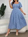 Vestido midi de talla grande con flores azules, escote cuadrado y mangas abullonadas - 0XL / Vestidos / Azul
