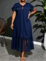 Elegant dark blue plus size midi dress featuring a stylish mesh tiered ruffle hemline - 3XL / Dresses / Dark Blue