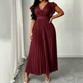 Elegante abito lungo bordeaux con scollo a V e maniche a volant plissettato estivo - 0XL / Vestiti / Rosso