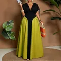 Elegant V-neck color block maxi dress featuring a black bodice and lime green skirt - 0XL / Dresses / Green