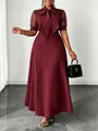 Elegant burgundy midi dress featuring mesh puff sleeves and a stylish bow collar. - 3XL / Dresses / Red