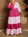 Elegant striped color-block V-neck maxi dress with a flattering waist-slimming design. - 0XL / Dresses / Pink